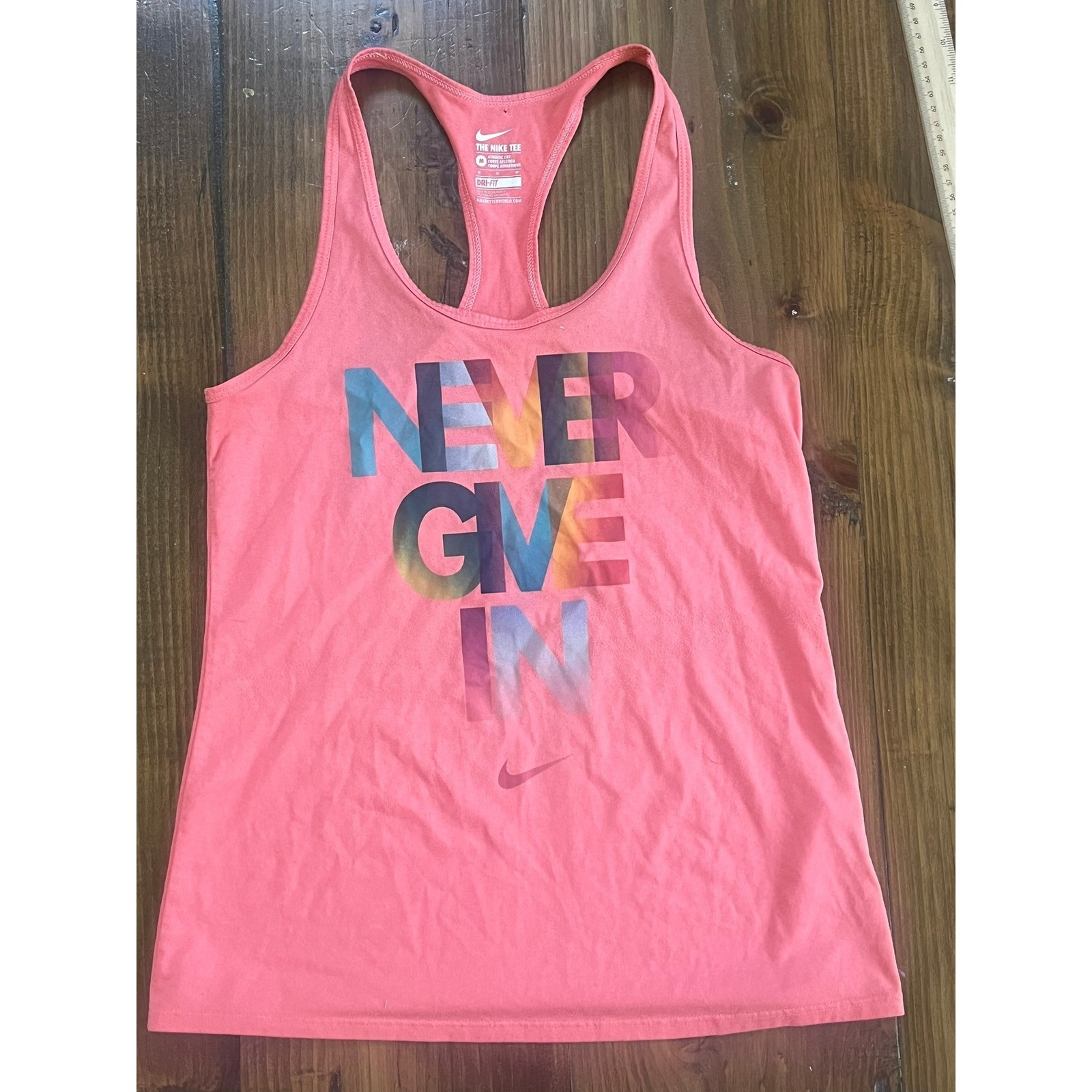Nike Womens Dri-Fit Never Give In Graphic Racerback Tank Top Coral Pink Size M